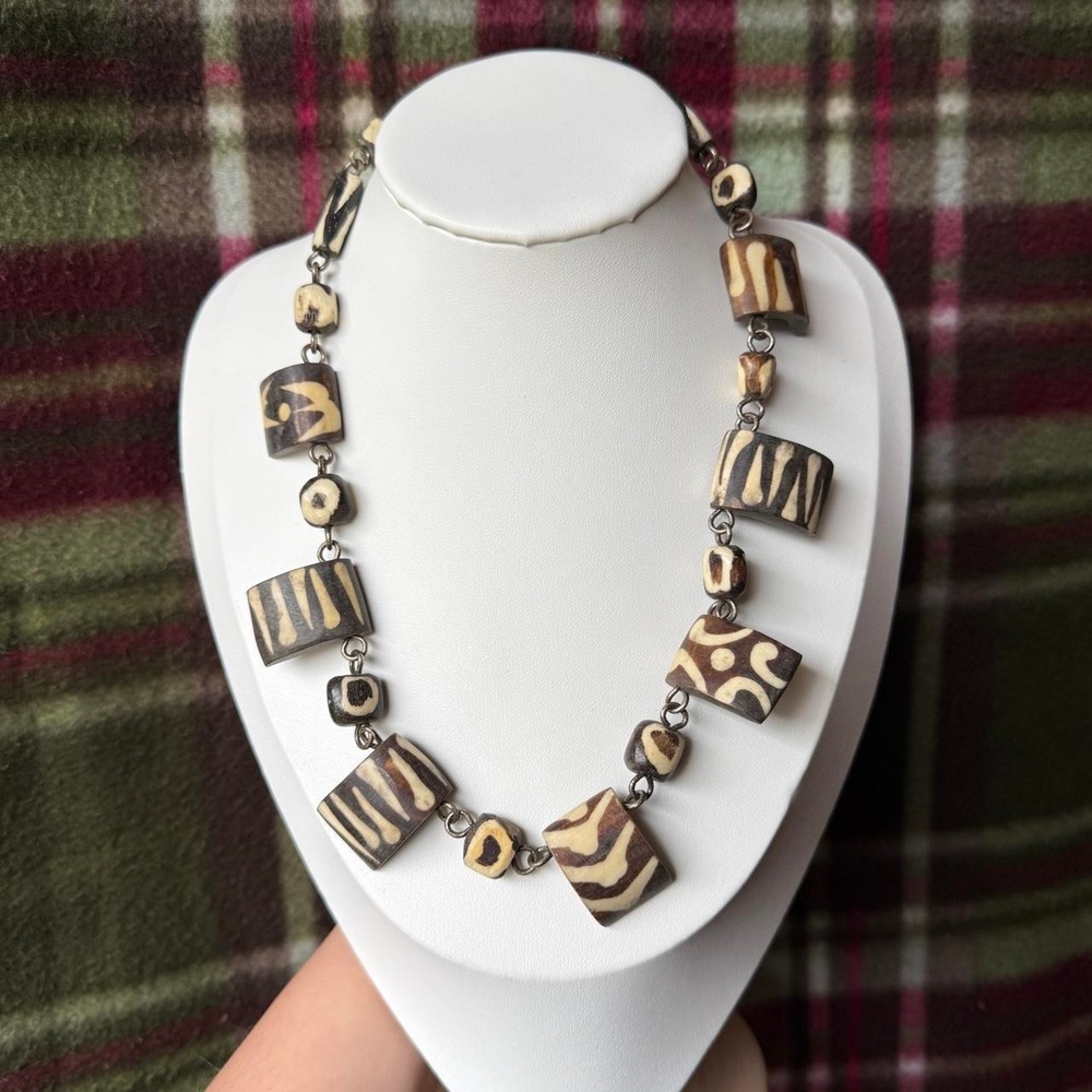 Wood Beaded Statement Necklace Brown Cream Geometric Zebra Animal print Boho